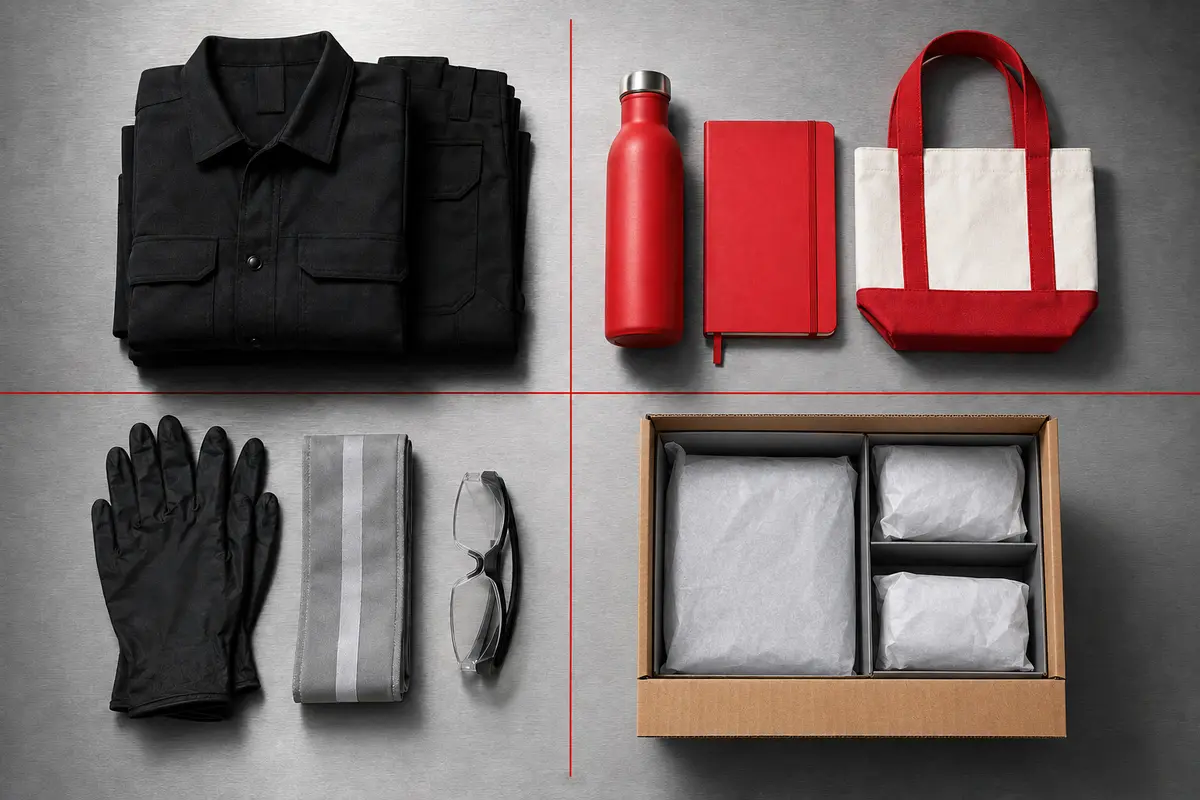 Apparel, promotional, safety and kitting products arranged together