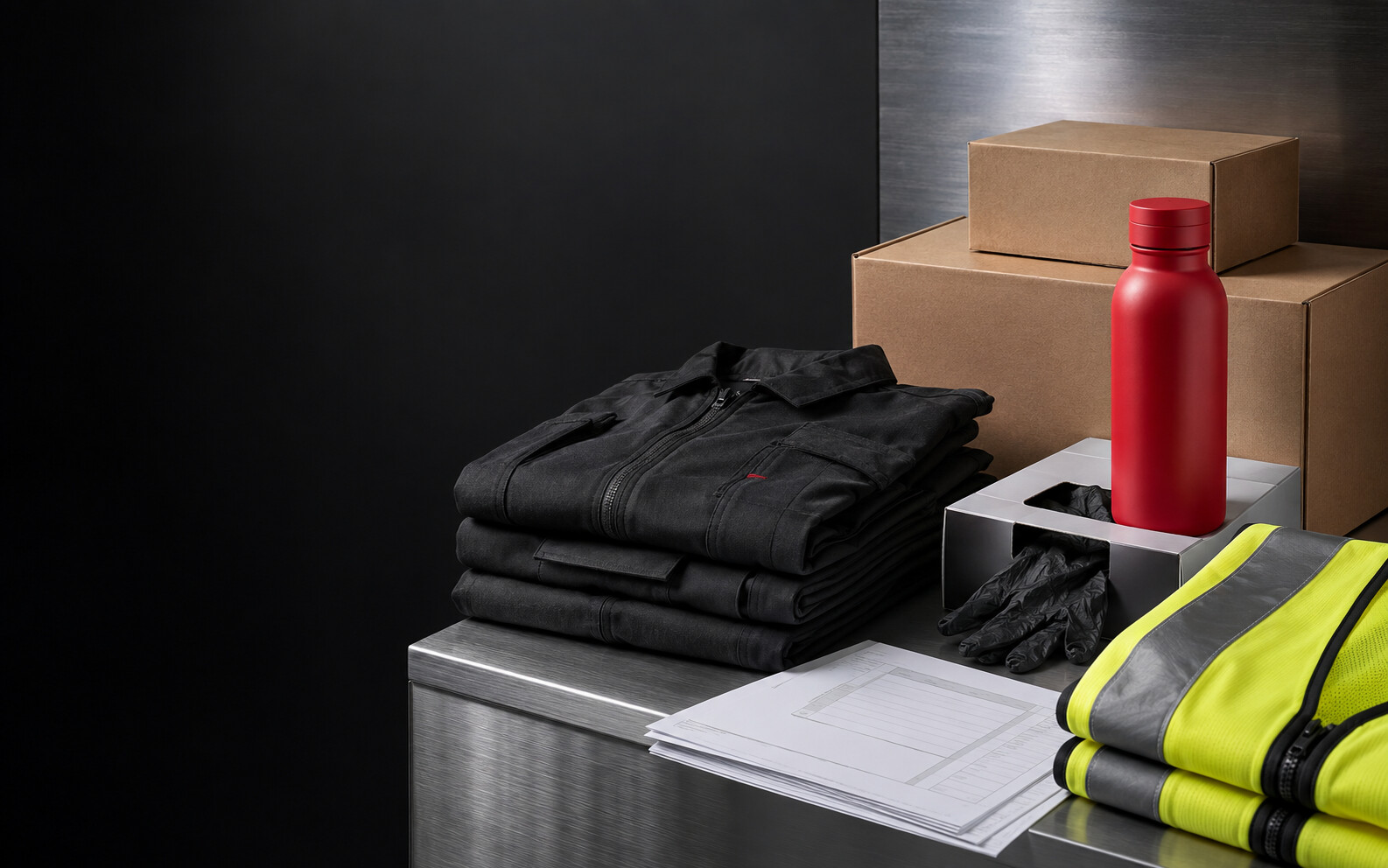 Workwear, safety supplies, merchandise and shipping materials arranged together