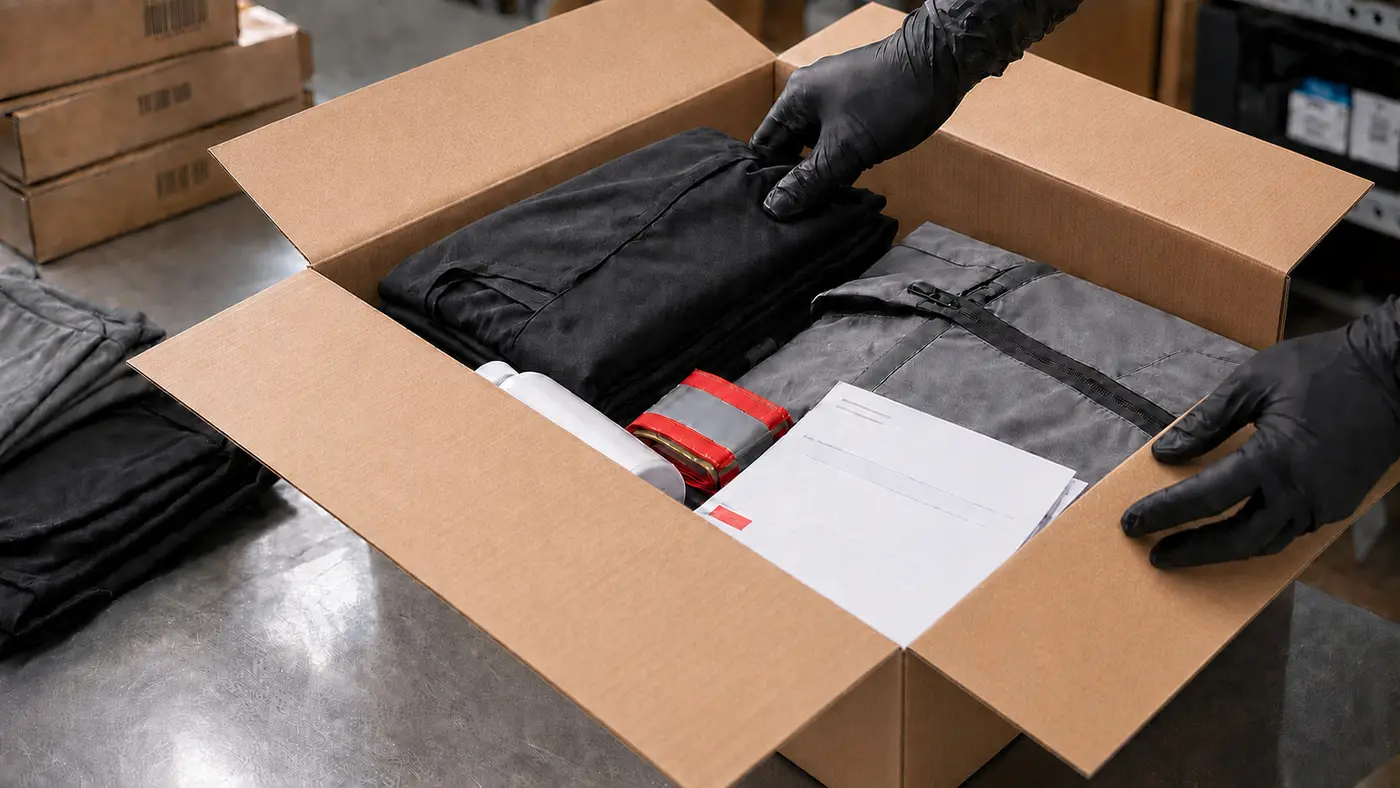 Hands organizing apparel and supplies into a prepared kit